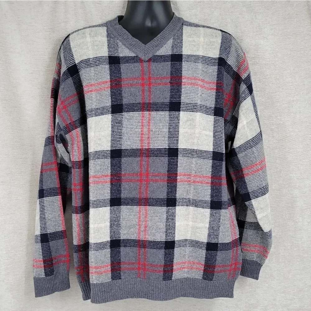 Nautica Vintage Wool V-Neck Navy Gray Red Windowpane Plaid Sweater Men's Large